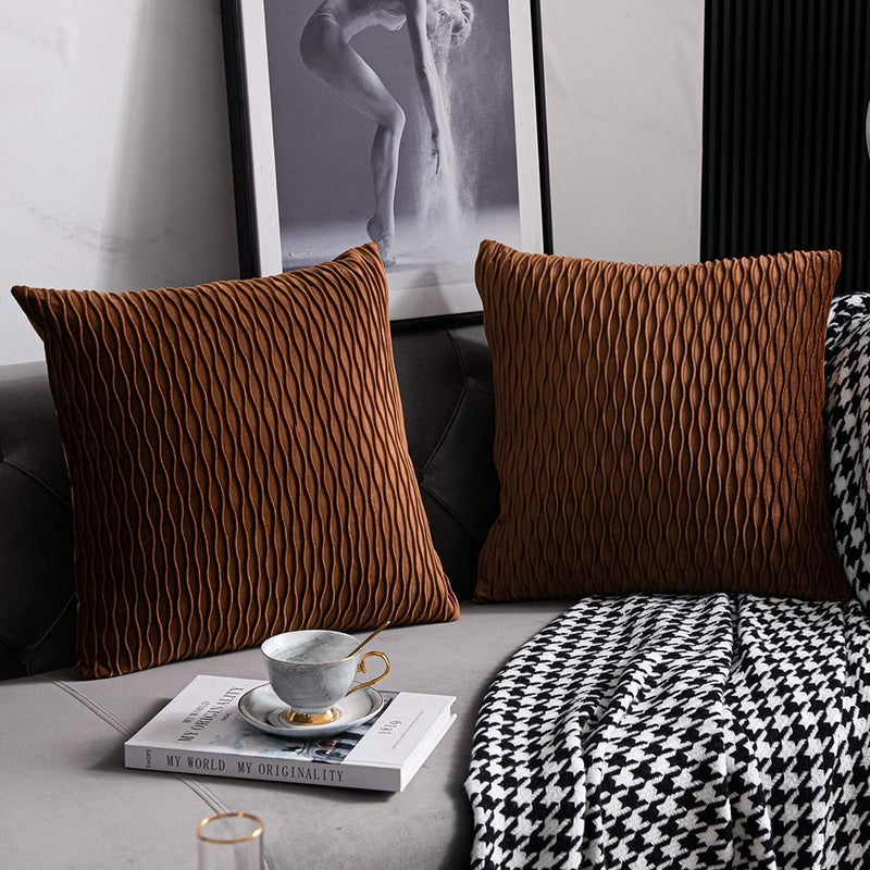 DEZENE Light Brown Throw Pillow Cases: 2 Pack 18x18 Inch Original Stripe Velvet Square Decorative Pillow Covers for Farmhouse Couch - Image 2